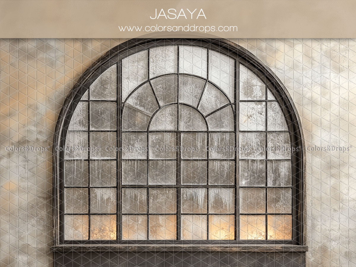 Fondo fotográfico de Navidad Jasaya – gran ventana arqueada de metal sobre pared envejecida | Colors&Drops