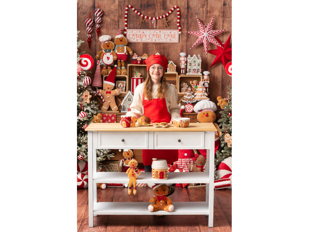 Christmas photo backdrop La Fabrique des Pains D'Epices – gingerbread factory on wooden wall | Colors&Drops