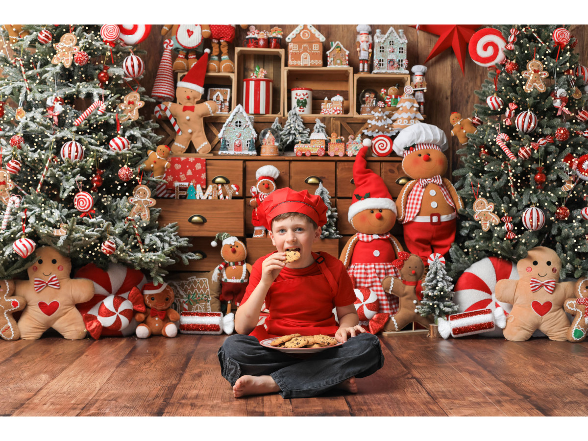 Christmas photo backdrop La Fabrique des Pains D'Epices – gingerbread factory on wooden wall | Colors&Drops