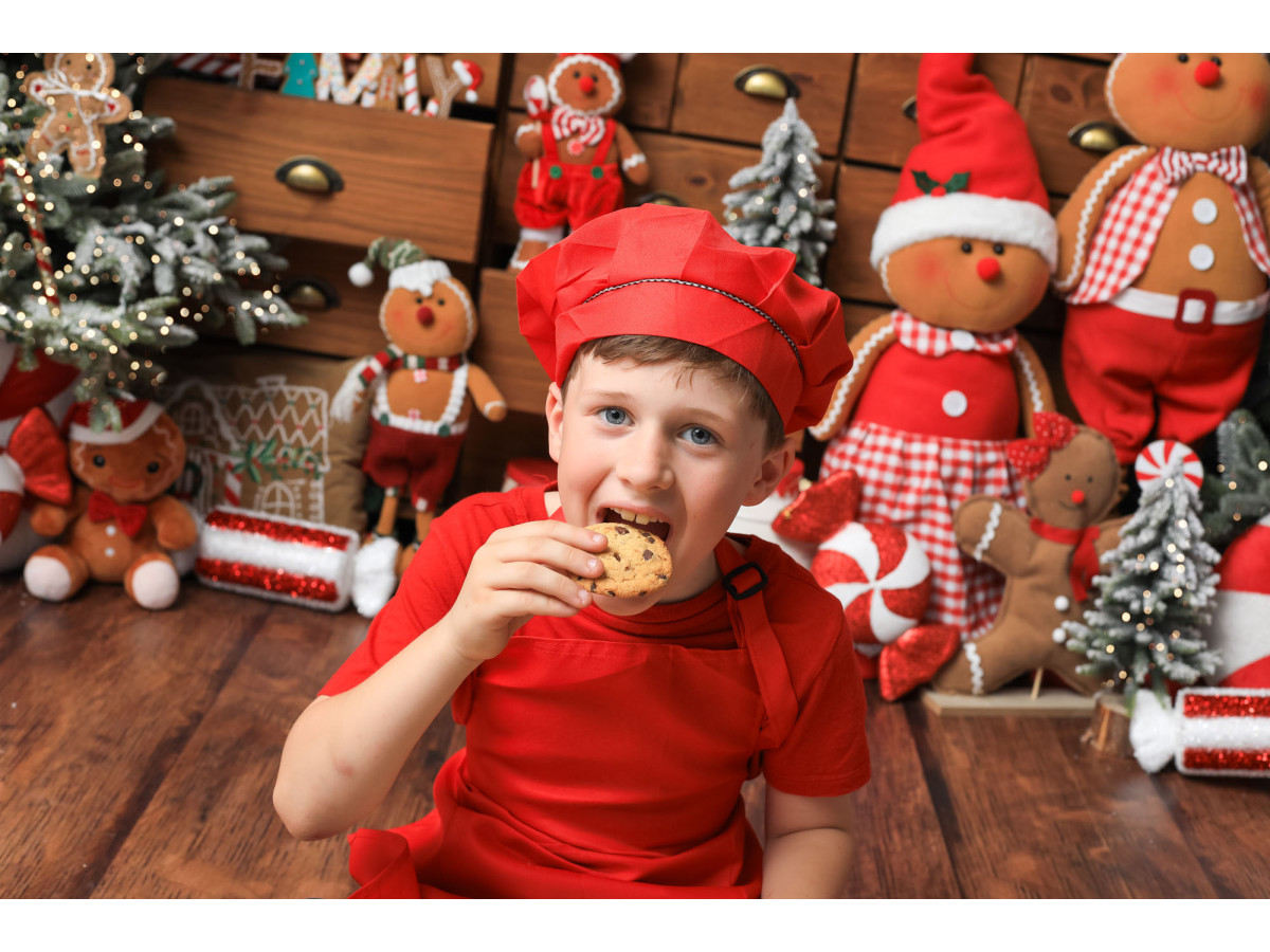 Christmas photo backdrop La Fabrique des Pains D'Epices – gingerbread factory on wooden wall | Colors&Drops