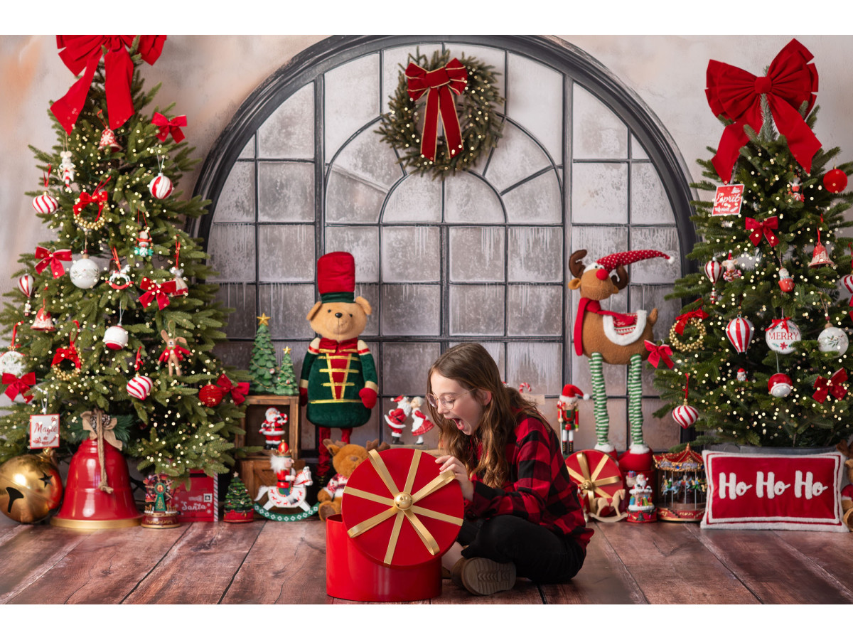 Fond photo de Noël Le Royaume des Jouets – fenêtre cintrée en métal avec sapins et jouets | Colors&Drops