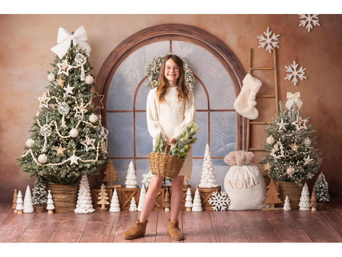 Fond photo de Noël Fenetre D'Hiver – fenêtre cintrée avec sapin et chaussette de Noël | Colors&Drops