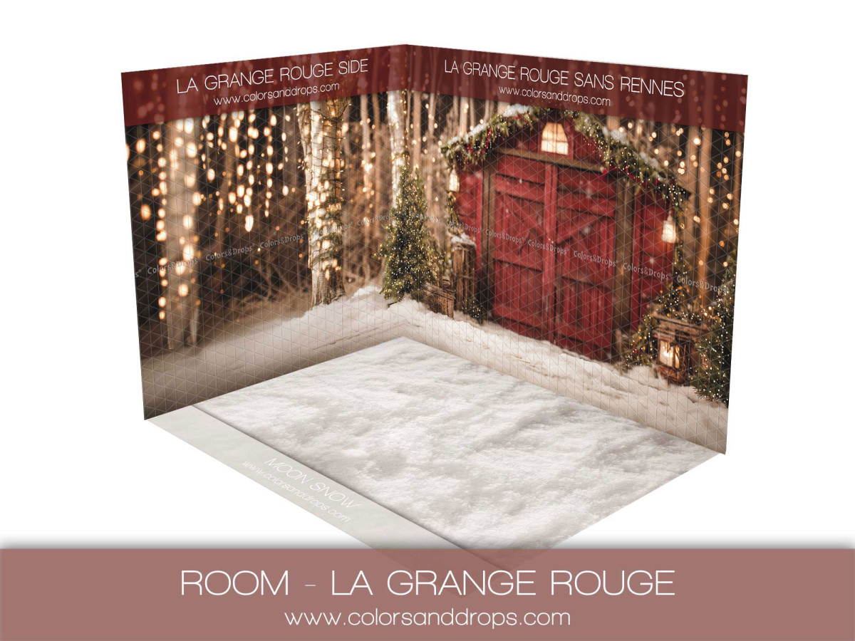 Christmas corner photo backdrop La Grange Rouge Sans Rennes – snowy red barn | Colors&Drops