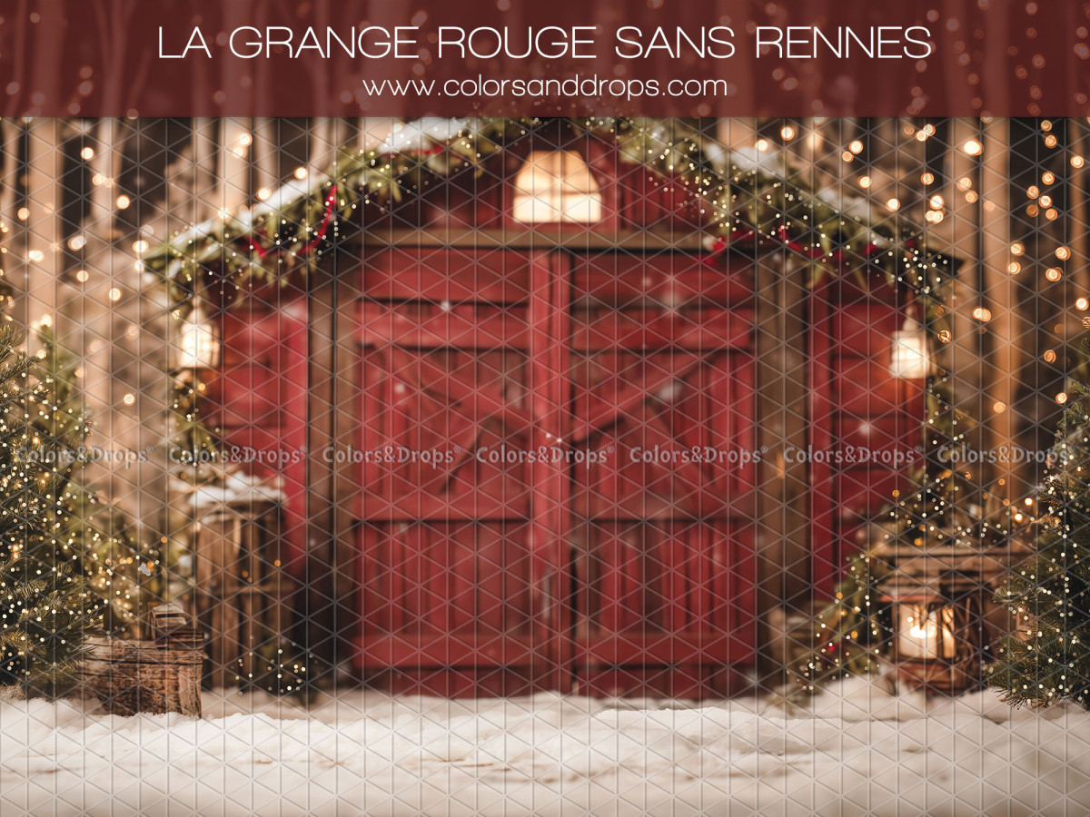 Christmas photo backdrop La Grange Rouge Sans Rennes – snowy red barn with garlands and Christmas trees | Colors&Drops