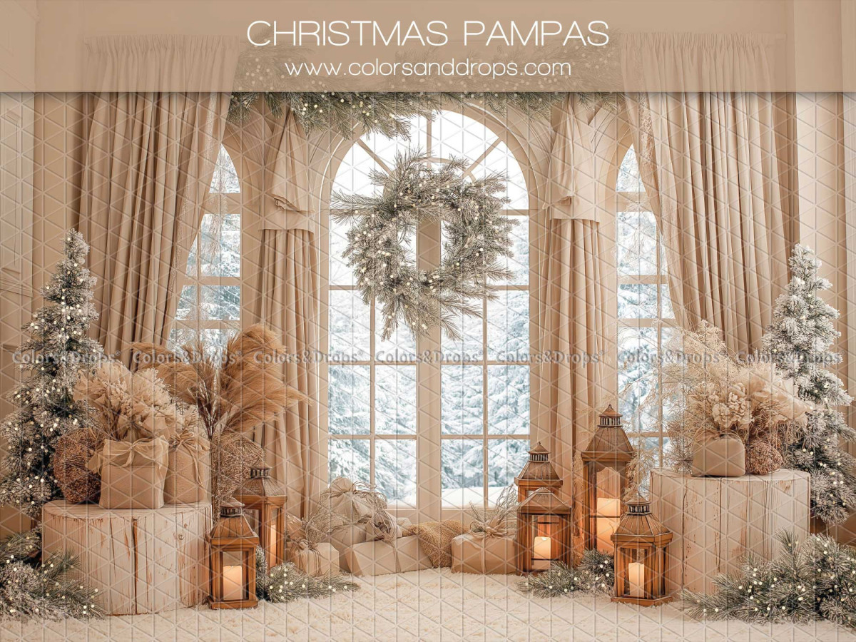 Photo backdrop Christmas Pampas – arched window with wreath, pampas and fir trees | Colors&Drops