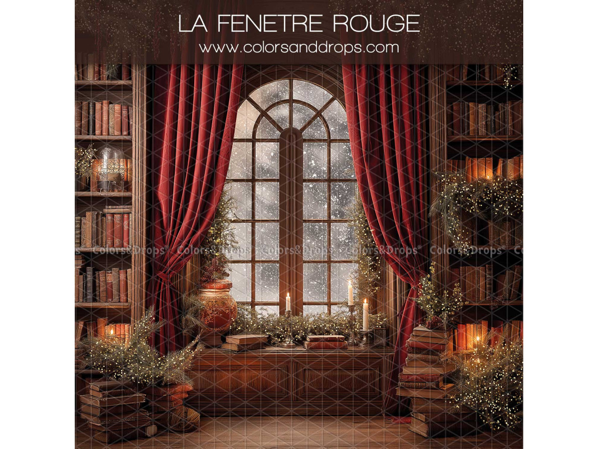 Fond photo latéral de Noël La Fenetre Rouge – fenêtre cintrée avec rideaux rouges et bibliothèque | Colors&Drops