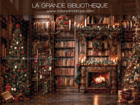 Christmas photo backdrop La Grande Bibliotheque – large library with fireplace and Christmas tree | Colors&Drops