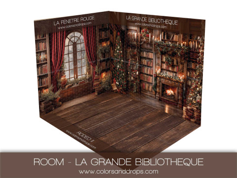 Christmas corner photo backdrop La Grande Bibliotheque – library with Christmas fireplace | Colors&Drops