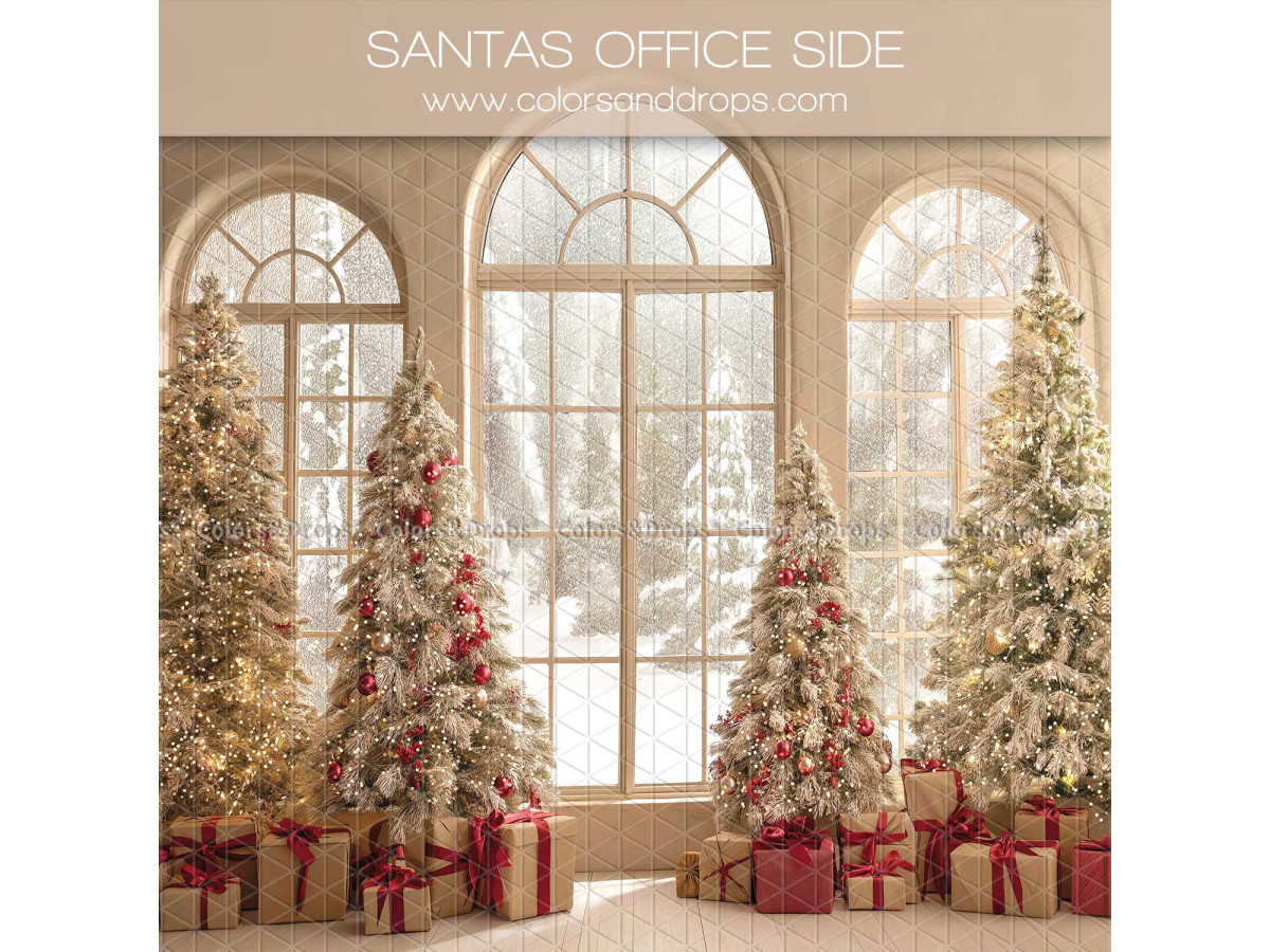 Fondo fotográfico lateral de Navidad Santa's Office Side – ventanas arqueadas con abetos y regalos de Navidad | Colors&Drops