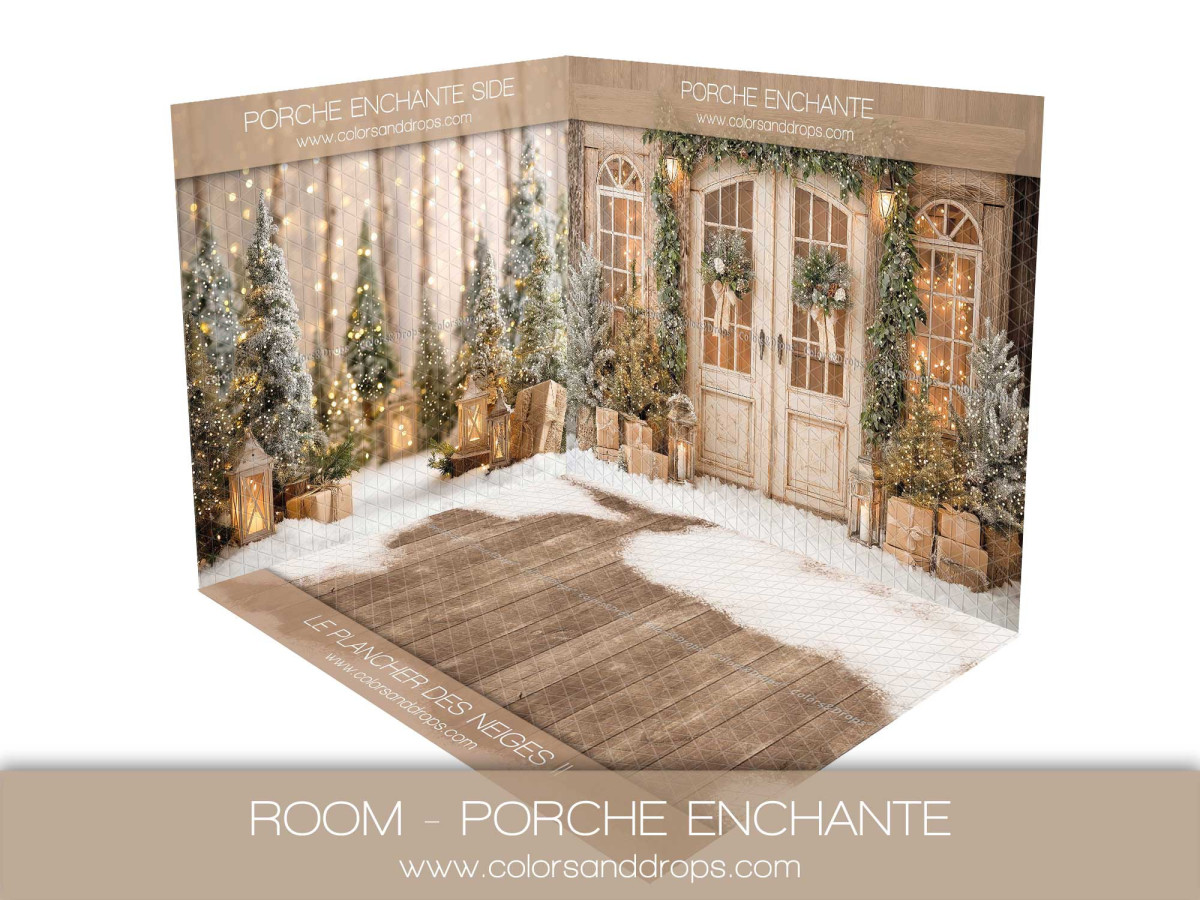 Fondo fotográfico de esquina de Navidad Porche Enchante – porche nevado con abetos | Colors&Drops