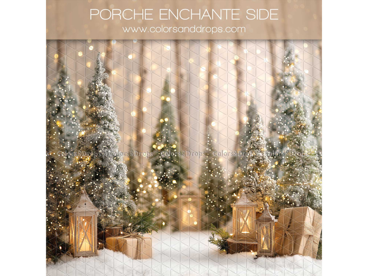 Fond photo latéral de Noël Porche Enchante Side – sapins enneigés avec lanternes et cadeaux | Colors&Drops