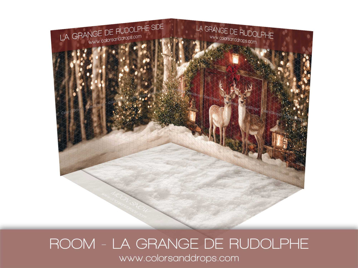 Fond photo d'angle de Noël La Grange de Rudolphe – grange rouge et rennes | Colors&Drops