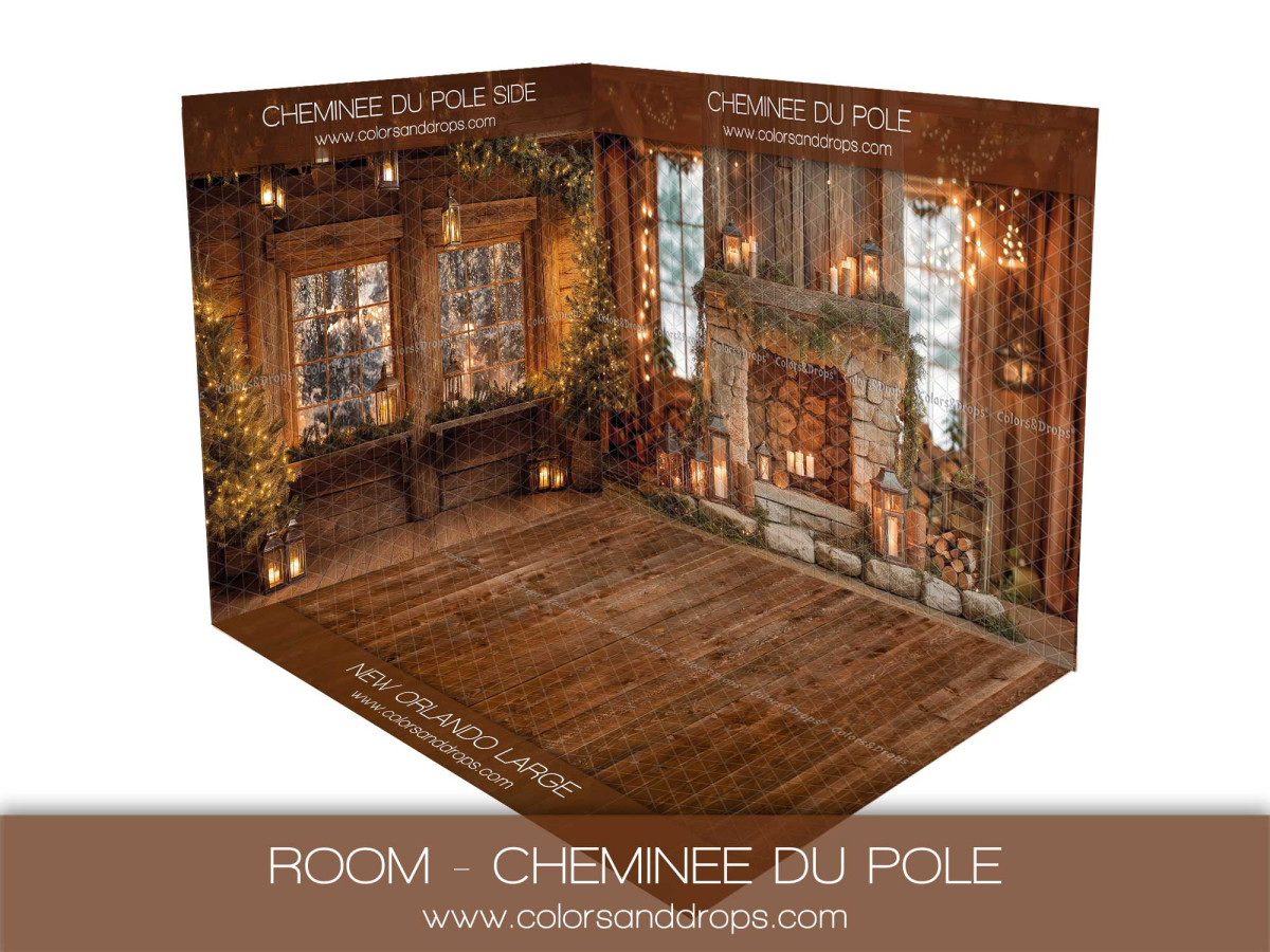 Fondo fotográfico de esquina de Navidad La Cheminee du Pole – estancia de madera con chimenea navideña y ventanas | Colors&Drops