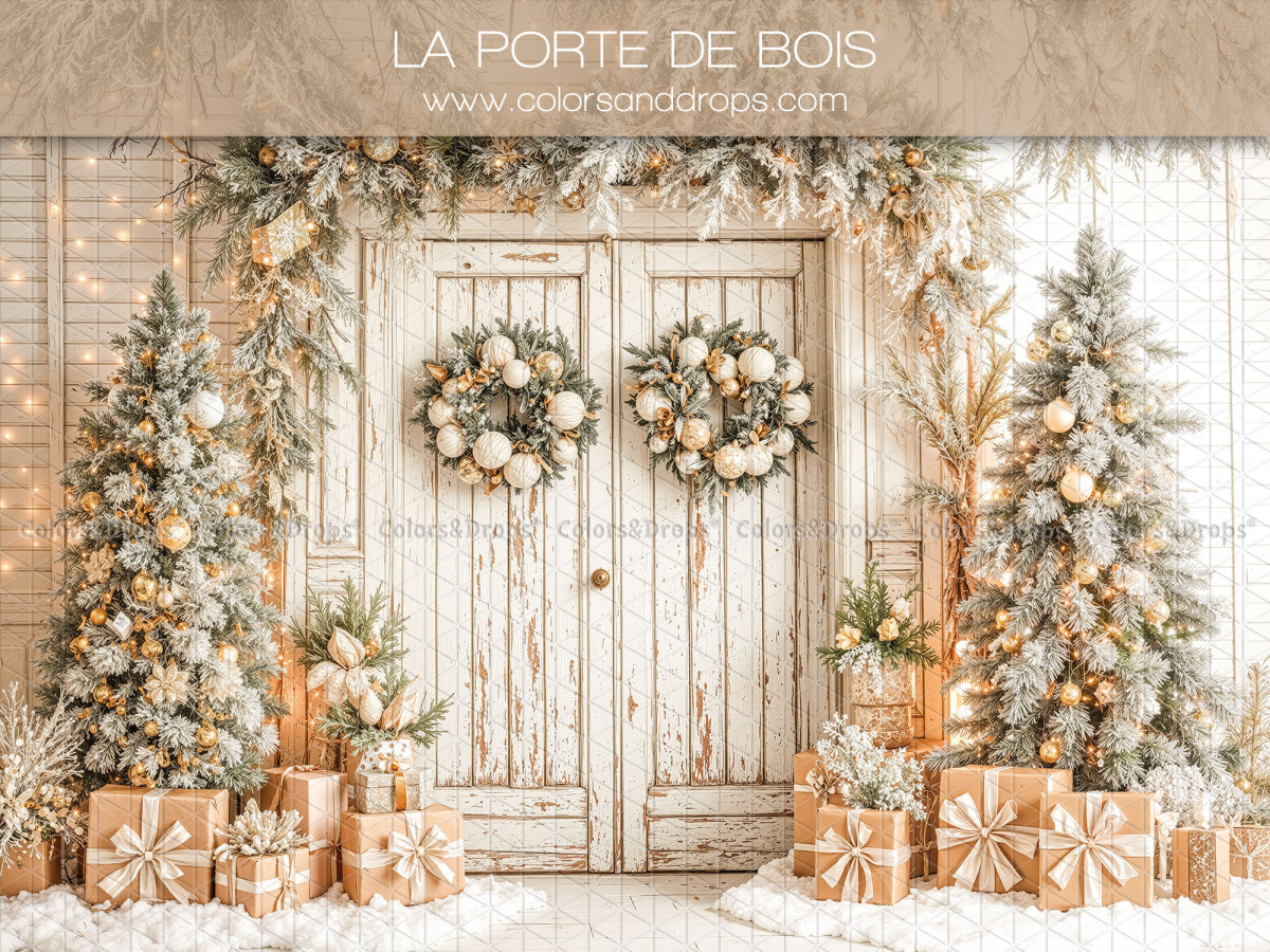 Fond photo de Noël La Porte de Bois – double porte en bois blanc avec couronnes | Colors&Drops