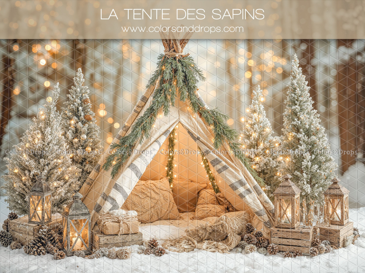 Christmas photo backdrop La Tente des Sapins – Christmas teepee with fir trees and lanterns | Colors&Drops