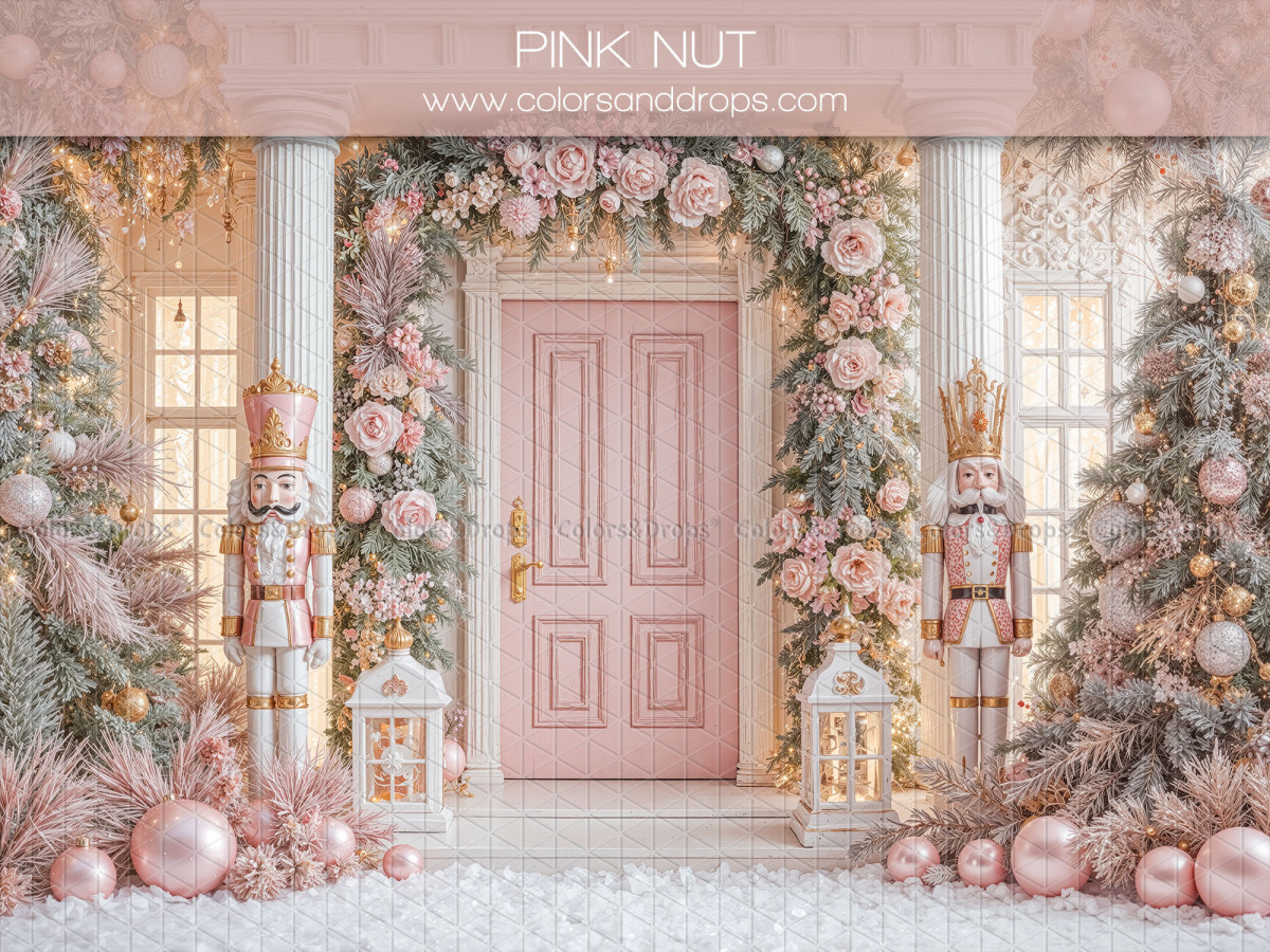Fond photo de Noël Pink Nut – porte rose avec casse-noisettes et guirlande | Colors&Drops