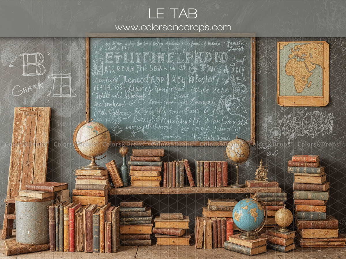 School portrait photo backdrop Le Tab – school blackboard with books and globes | Colors&Drops