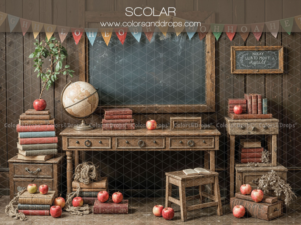 School portrait photo backdrop Scolar – vintage classroom with desk and blackboard | Colors&Drops