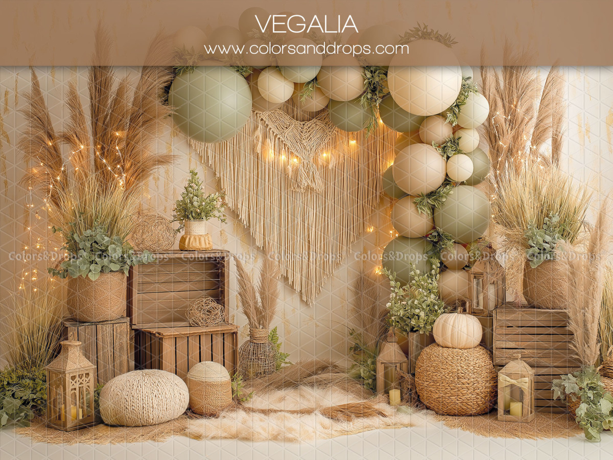 Baby & cake smash photo backdrop Vegalia – sage balloons and macramé with boho baskets | Colors&Drops