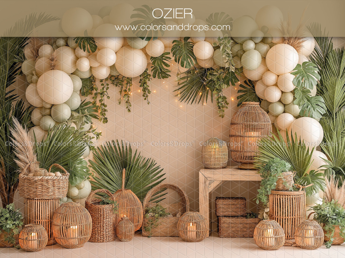 Baby & cake smash photo backdrop Ozier – balloon and foliage arch with wicker baskets | Colors&Drops