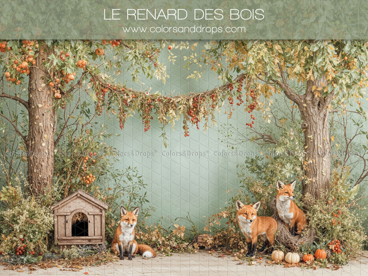 Baby & cake smash photo backdrop Le Renard des Bois – foxes in autumn forest with wooden kennel | Colors&Drops