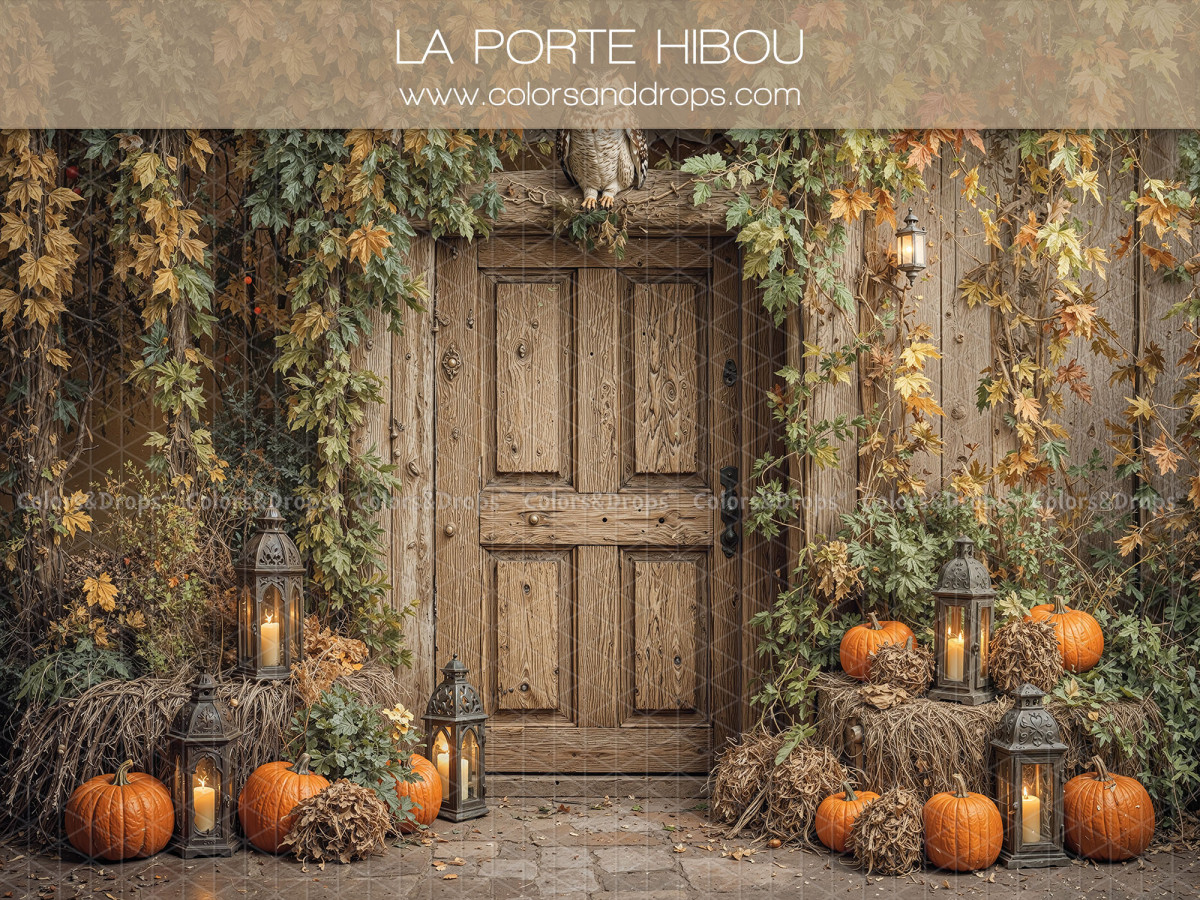 Photo backdrop La Porte Hibou – wooden door with ivy and pumpkins | Colors&Drops