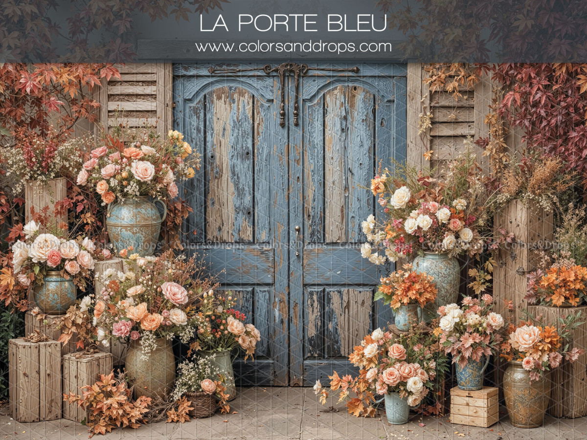 Photo backdrop La Porte Bleu – blue wooden door with flower bouquets | Colors&Drops