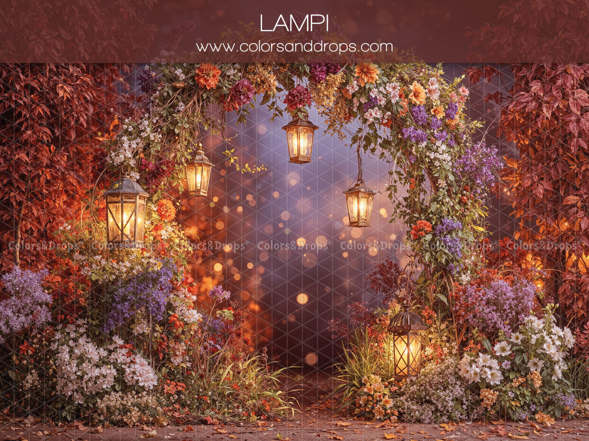 Floral photo backdrop Lampi – autumn floral arch with lanterns | Colors&Drops