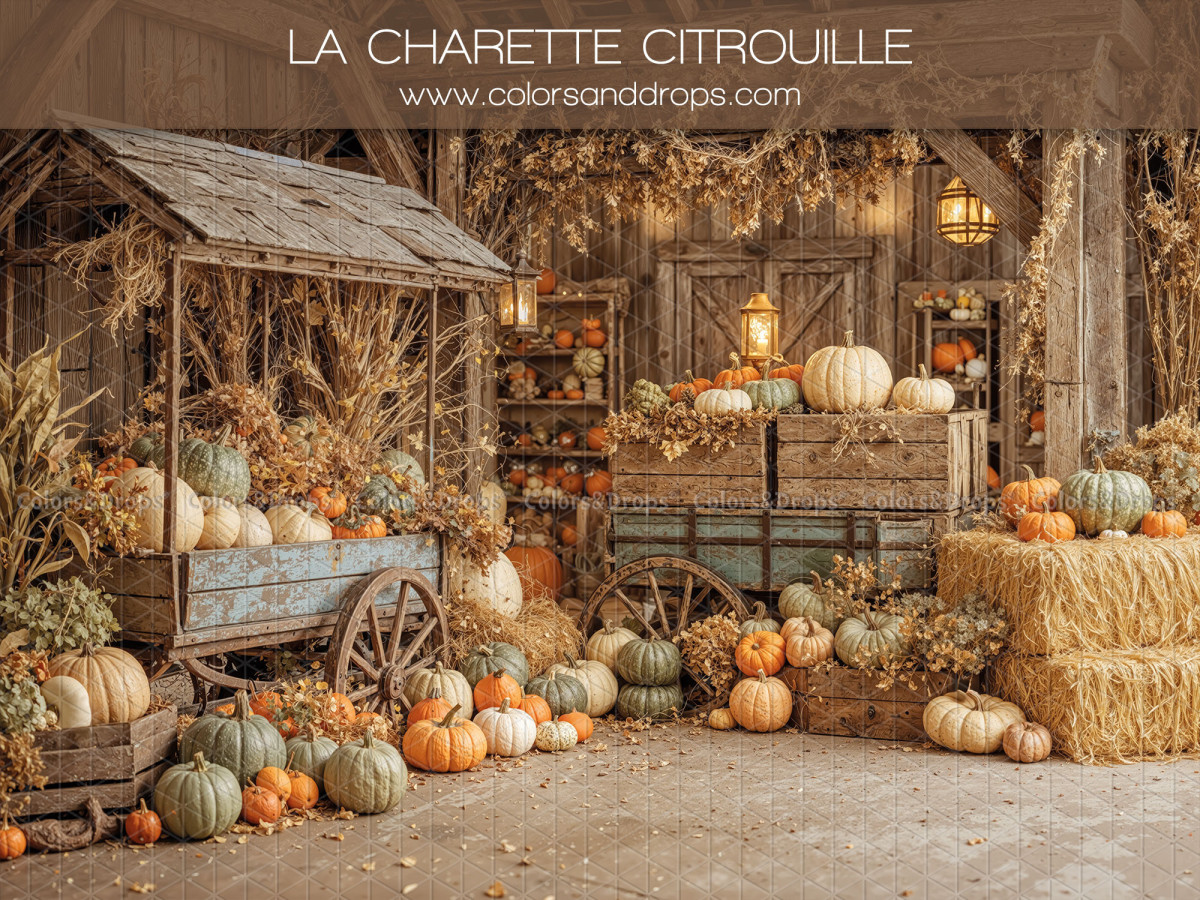 Fond photo La Charette Citrouille – charrette de citrouilles et bottes de paille | Colors&Drops