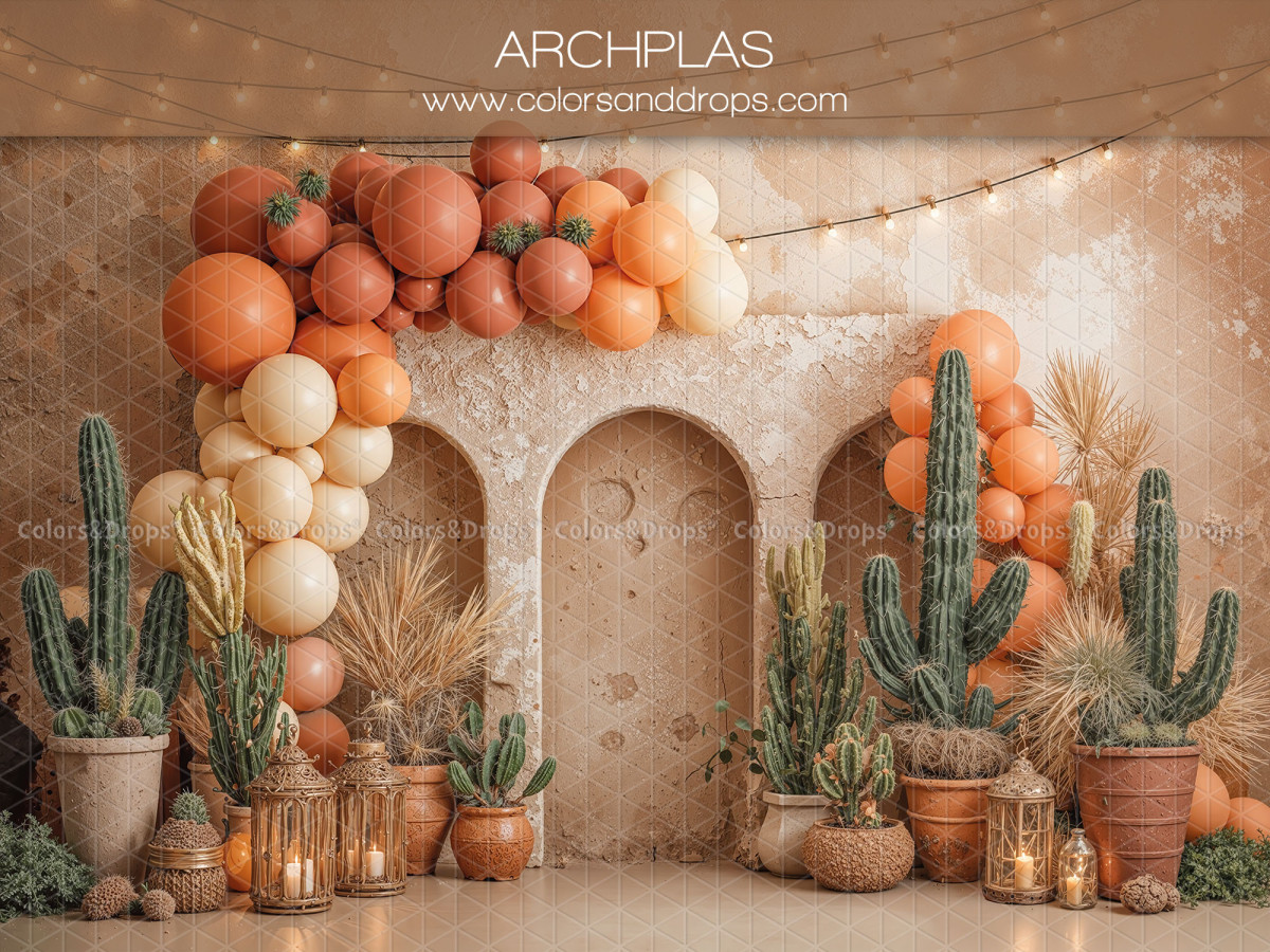 Fond photo bébé et smash cake Archplas – arches avec cactus et ballons orangés | Colors&Drops