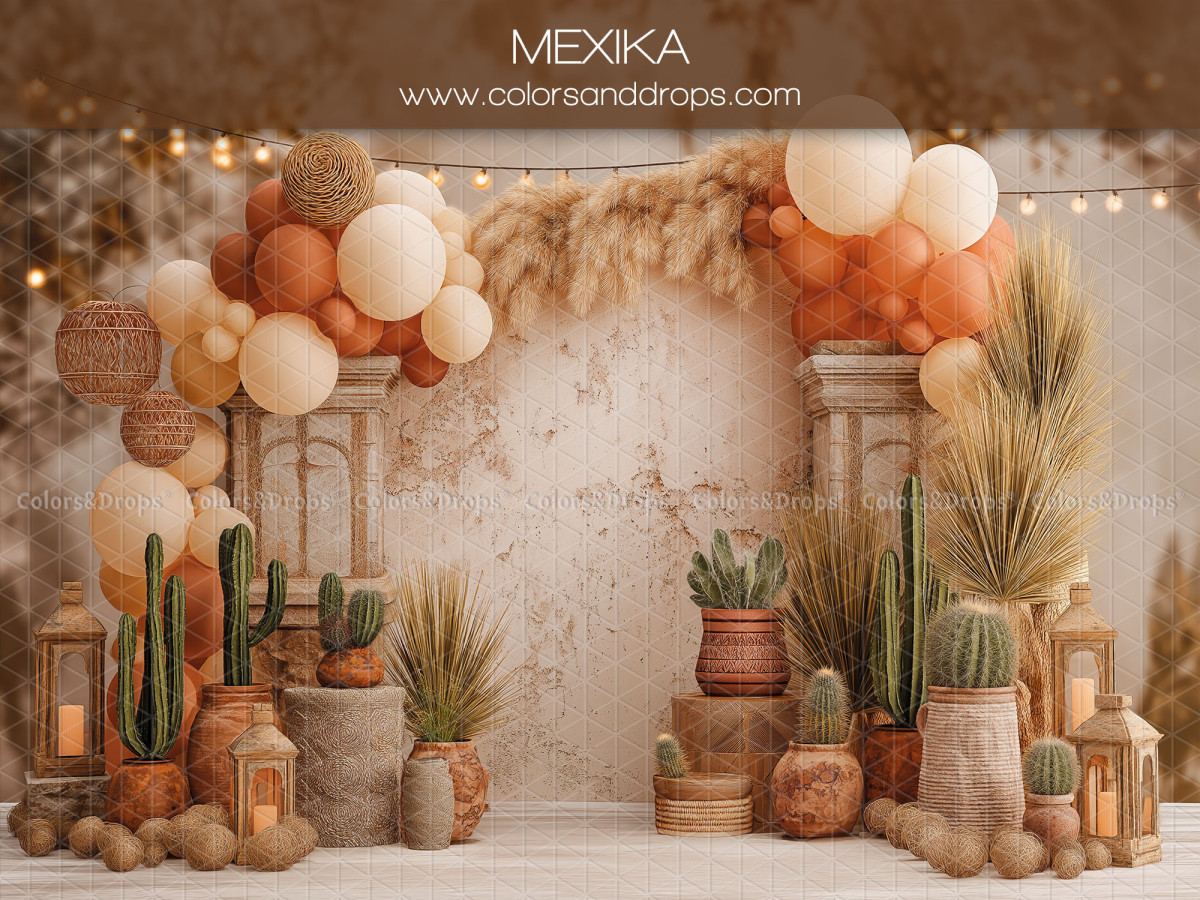 Baby & cake smash photo backdrop Mexika – orange balloons with cacti and lanterns | Colors&Drops