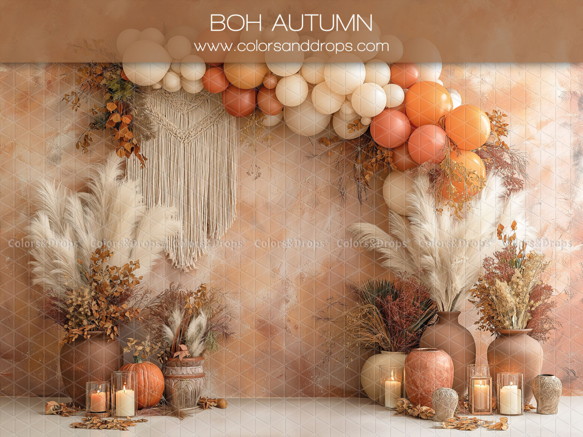 Baby & cake smash photo backdrop Boh Autumn – autumn balloon arch and boho macramé | Colors&Drops