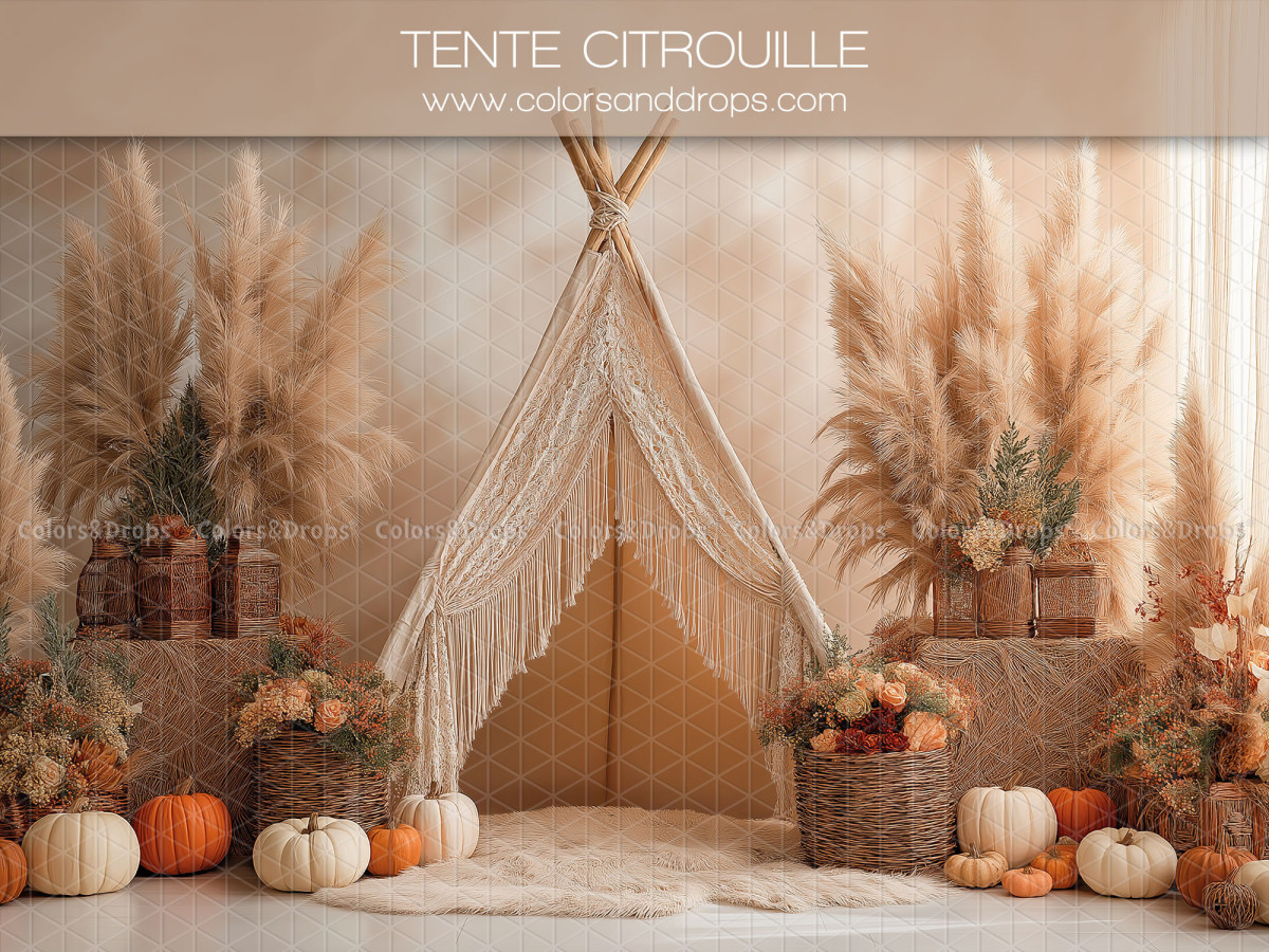Boho photo backdrop Tente Citrouille – macramé teepee with pampas and pumpkins | Colors&Drops