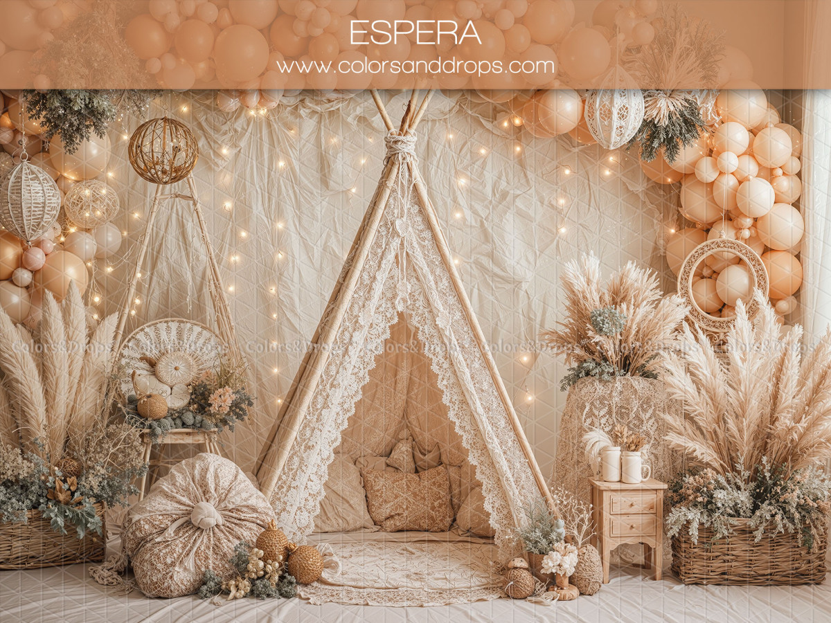 Boho photo backdrop Espera – boho teepees with balloons and pampas | Colors&Drops