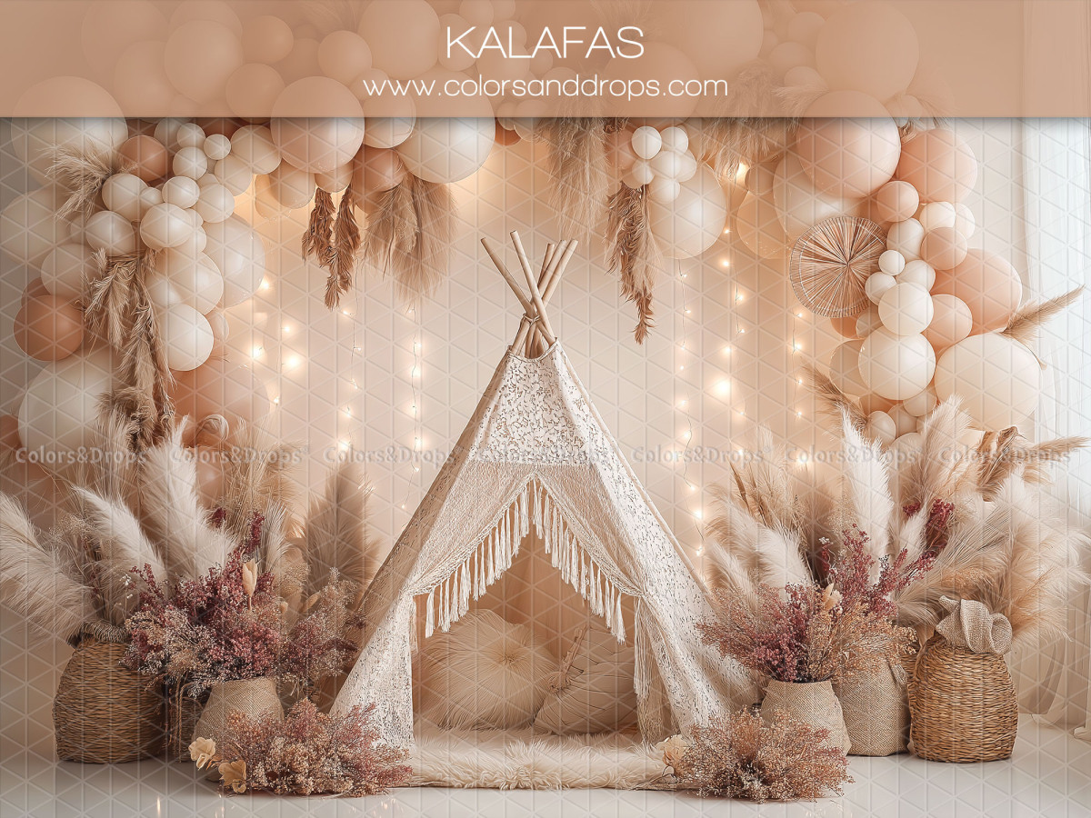 Fond photo bohème Kalafas – tipi avec arche de ballons et rideau lumineux | Colors&Drops