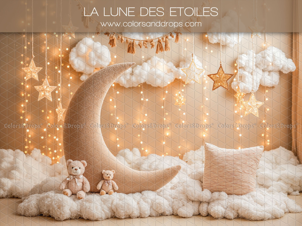Fond photo bébé et smash cake La Lune des Etoiles – lune en bois avec nuages et étoiles lumineuses | Colors&Drops