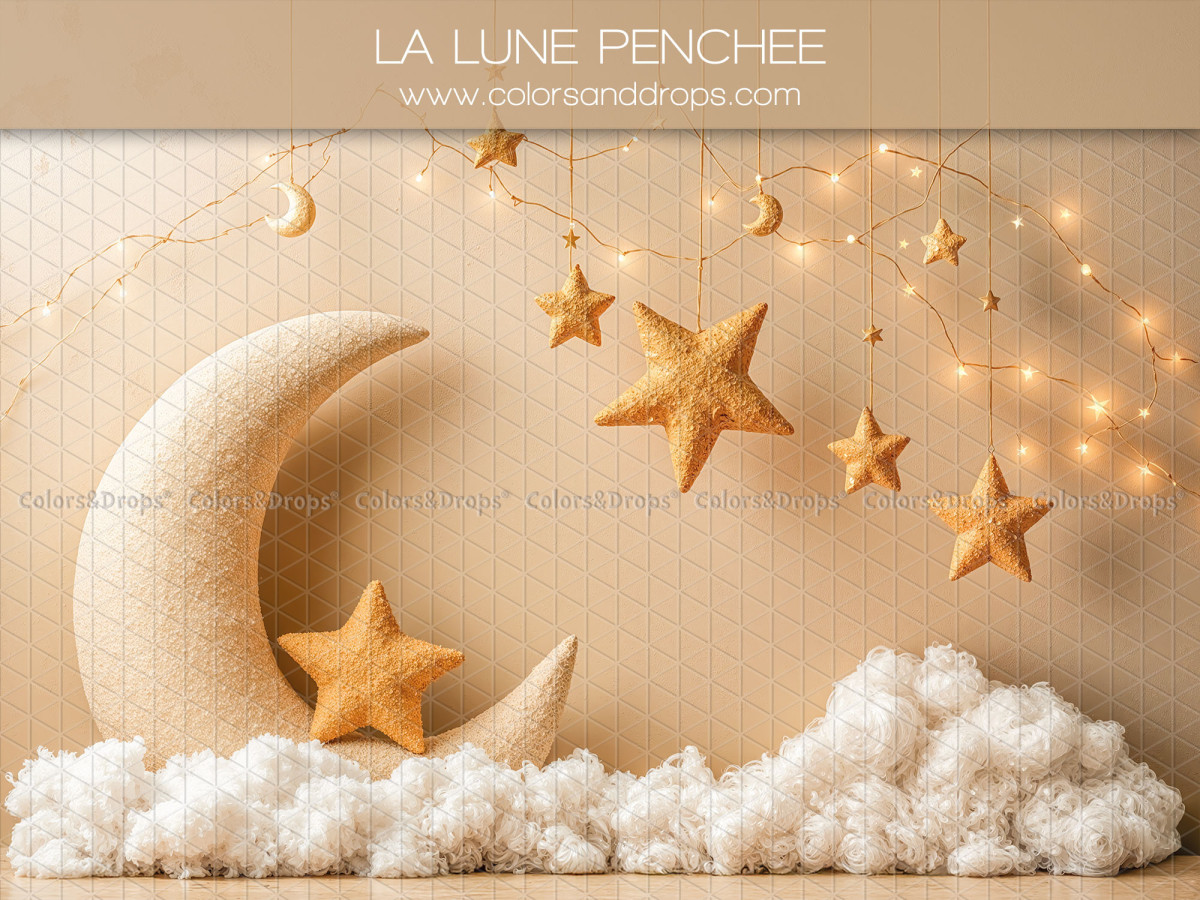 Fondo fotográfico de bebé y smash cake La Lune Penchee – luna inclinada con estrellas doradas y nubes | Colors&Drops
