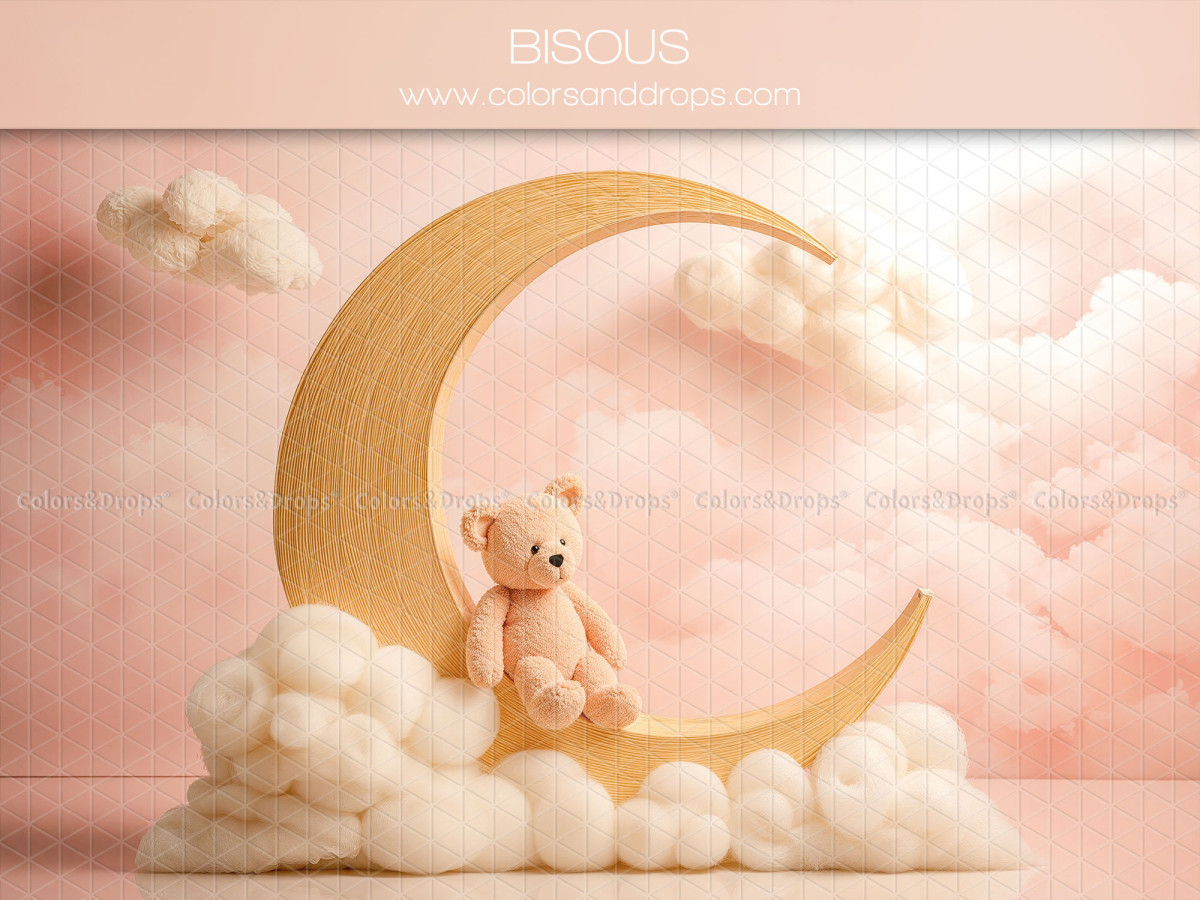 Fondo fotográfico de bebé y smash cake Bisous – luna dorada con osito sobre nubes rosas | Colors&Drops