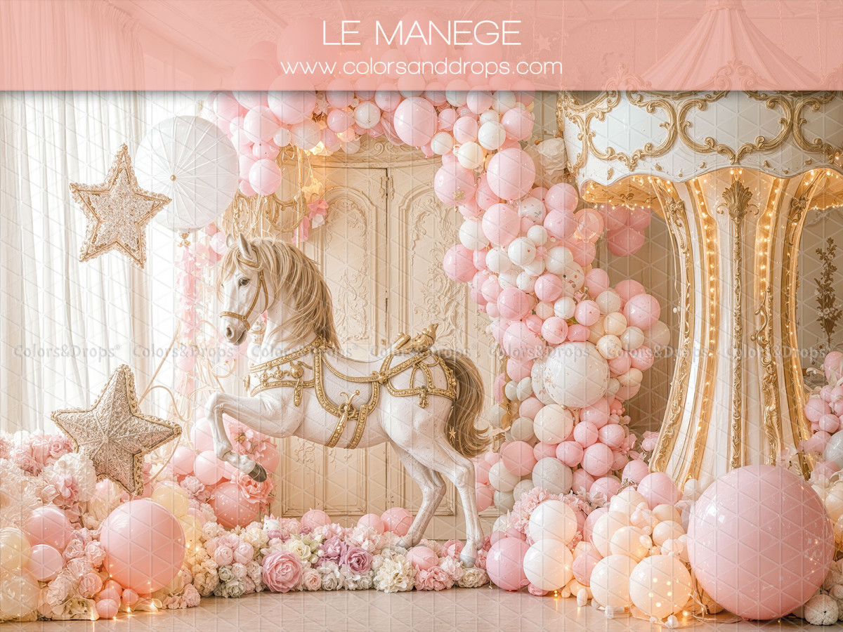 Photo backdrop Le Manege – carousel with wooden horse and pink balloons | Colors&Drops