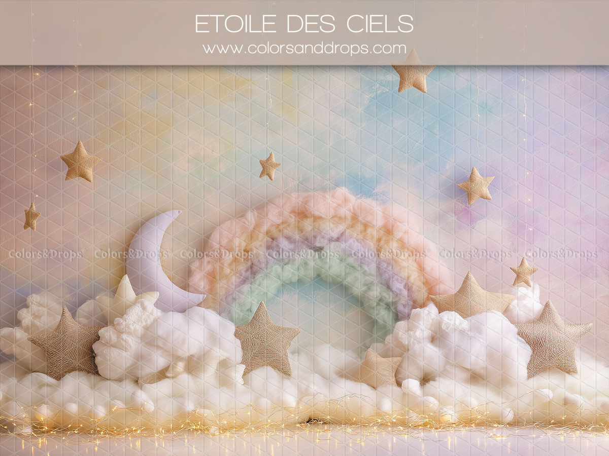 Fond photo bébé et smash cake Etoile des Ciels – arc-en-ciel pastel avec lune et nuages | Colors&Drops