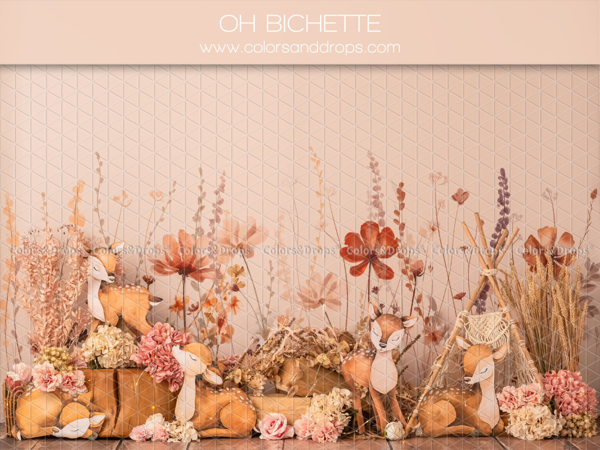 Fondo fotográfico de bebé y smash cake Oh Bichette – cervatillos y animales del bosque entre flores secas | Colors&Drops