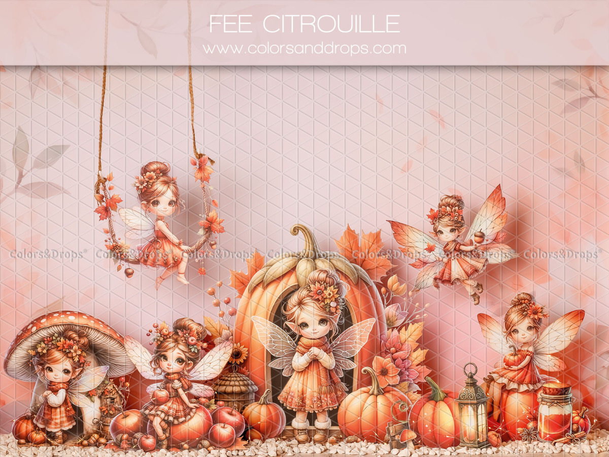 Fond photo bébé et smash cake Fee Citrouille – fées et maison citrouille avec champignons | Colors&Drops