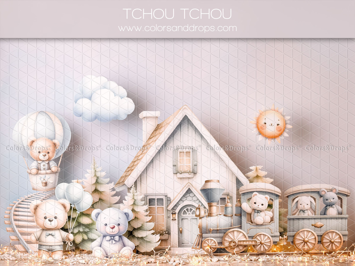 Fondo fotográfico de bebé y smash cake Tchou Tchou – casa blanca y tren con animales de peluche | Colors&Drops