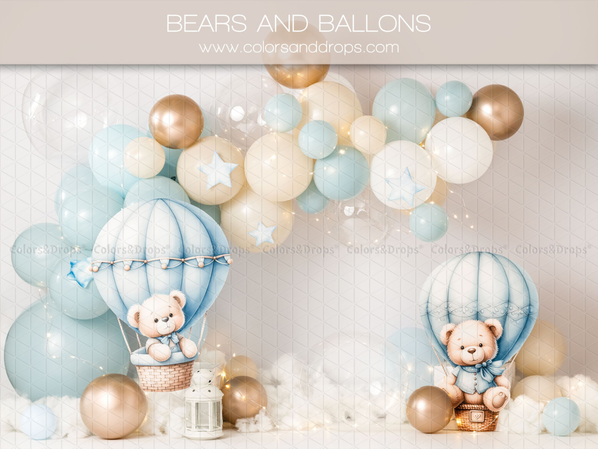 Baby & cake smash photo backdrop Bears and Ballons – balloons and blue hot-air balloons with bears | Colors&Drops