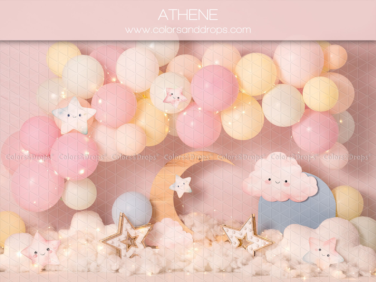 Fond photo bébé et smash cake Athene – ballons pastel avec lune et nuages | Colors&Drops