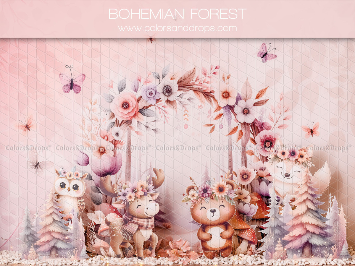Baby & cake smash photo backdrop Bohemian Forest – flowered arch with boho woodland animals | Colors&Drops