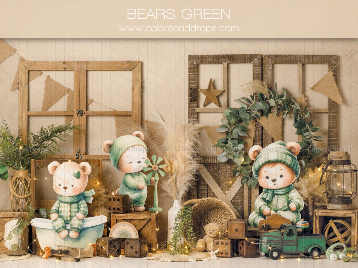Baby & cake smash photo backdrop Bears Green – teddy bears in green outfits with wooden windows and wreath | Colors&Drops
