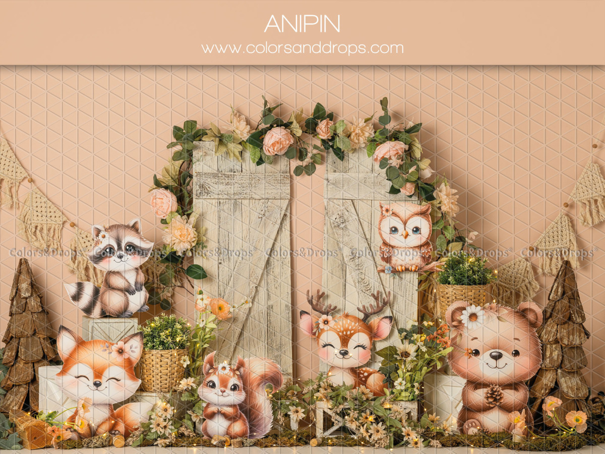 Baby & cake smash photo backdrop Anipin – woodland animals with doors and flowers | Colors&Drops