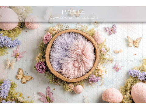 Fondo fotográfico de recién nacido Papille – cesta de madera con piel y mariposas pastel | Colors&Drops