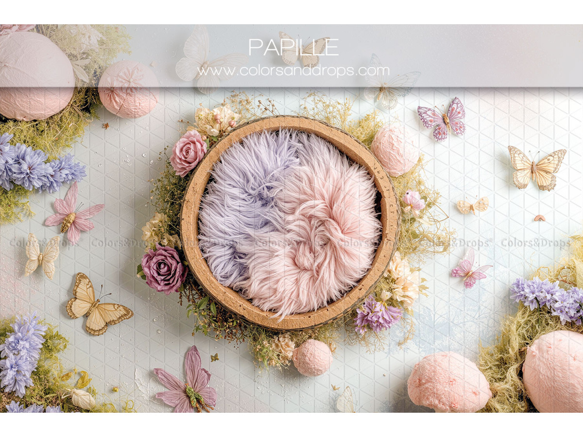 Newborn photo backdrop Papille – wooden basket with fur and pastel butterflies | Colors&Drops